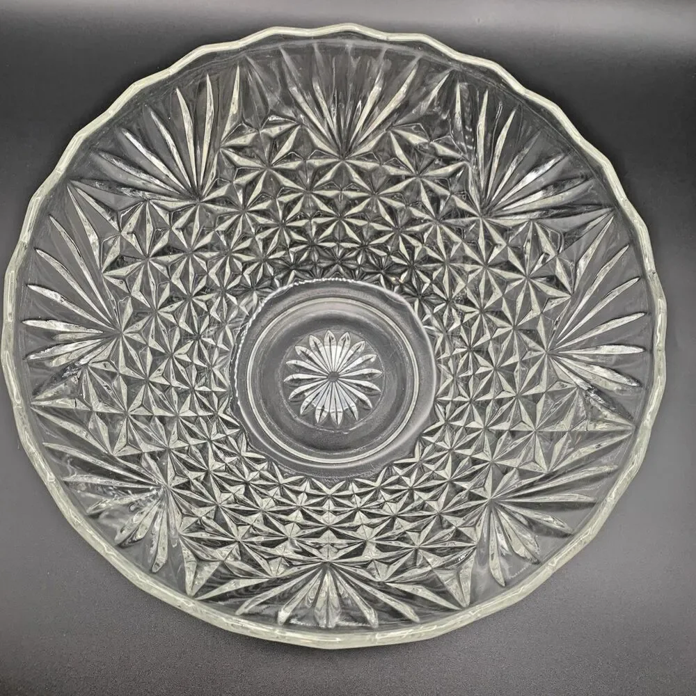 Anchor Hocking EAPC Star of David Cut Glass Bowl Vintage Scalloped Rim Crystal